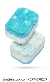 Two dishwasher detergent tablets isolated on white background with clipping path