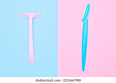 Two Disposable Razor Blades Of Different Colors For Removing, Shaving Unwanted Hair On Face And Body On Blue And Pink Background