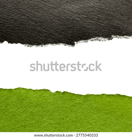 Two distinct strips of torn paper, one black and one vibrant green, are positioned with a significant white space between them. Both paper pieces rough, uneven edges where they been ripped, showcasing a fibrous texture. The black paper appears matte, while the green paper has a slightly more textured appearance. This composition creates a strong visual contrast and offers ample negative space for text or other