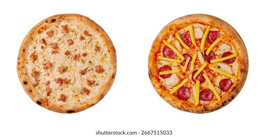 Two distinct types of pizza are presented on a white background, one topped with meat and cheese, while the other features pineapple and pepperoni, highlighting diverse flavor profiles.