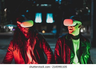 two diverse men using headset to explore the cyber world, new technologies for surfing the web and meta verse