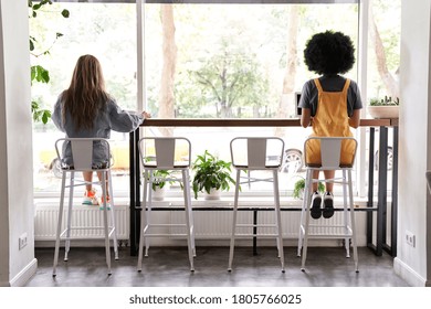 Two Diverse Young Women Sit Apart At Cafe Table, African And Caucasian Ladies Working Or Studying, Dining In Cafeteria Avoiding Communication, Social Distancing Safety Indoor Concept, Back View.