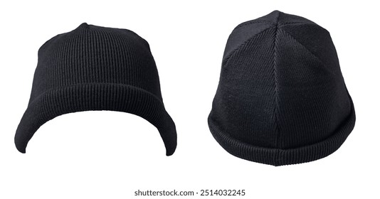 two docker knitted black hat isolated on white background. fashionable rapper hat. hat fisherman
