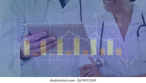 Two doctors in coats with stethoscopes using tablet at clinic, with bar and line chart overlay. Healthcare, collaboration, digital, diagnostic, analysis, professional, innovation