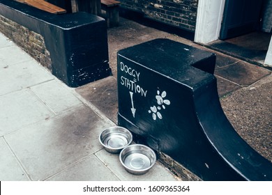 Two dog bowls on the pavement near entrance to the pub