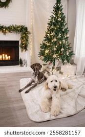 Two dogs laying down in front of christmas tree