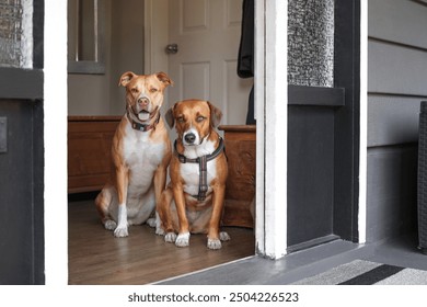 Two dogs sitting by door ready to go for a walk. Cute puppy dog friends in obedience training or door guarding behavior. Female Boxer Pitbull and female Harrier mix. Selective focus. - Powered by Shutterstock