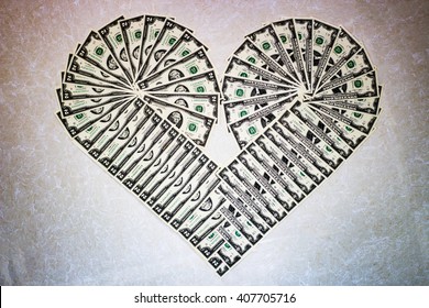 Two Dollar Bills Making A Heart Symbol On A White Background, Money Heart, Money Origami