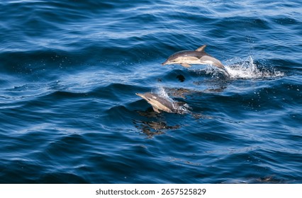 Two Dolphins jumping over the waves in black sea.	