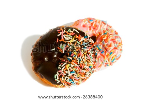 Two donuts iced in choc and pink isolated over white