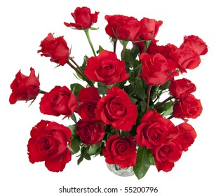 Two Dozen Red Roses Isolated On White Background With The Green Stems In A Large Glass Vase With Water. Copyspace On All Four Sides.