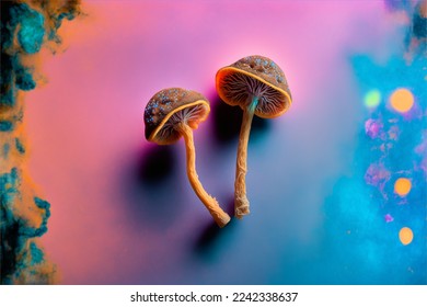 Two dried psilocybin mushrooms on a rainbow-coloured background.	
 - Shutterstock ID 2242338637