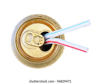 Two Drinking Straws In An Open Soda Can. Top View Over White.