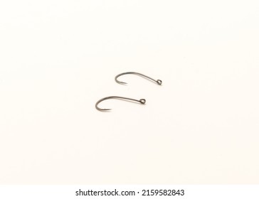 Two Drop Shot Fishing Hooks Size 2 Made From High Carbon Steel Isolated On White Background. Ultra-sharp And Super Durable Needlepoint Hook Point.