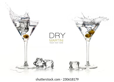 Two dry martini glasses with big splashes. Cocktails isolated on white background. Splash. Template design with sample text
