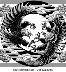two eagles fighting, japanese lineart, circle composition