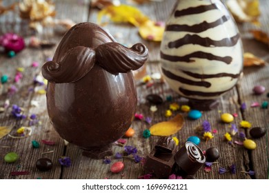 Two Easter Chocolate Egg Wood Zebra Stripes And Moustache