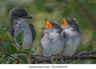 Two eastern kingbirds getting fed by parent 