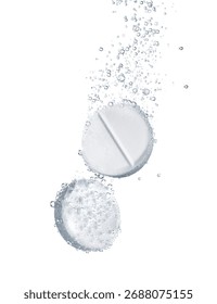Two effervescent tablets fizz and dissolve on a white background, creating a dynamic visual effect with air bubbles.