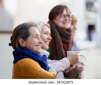 Two elderly housewives drinking tea at the terrace with a decorative plants