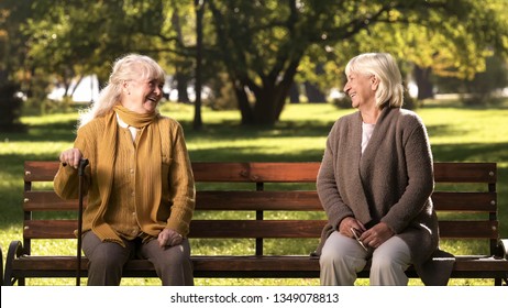 Two Elderly Ladies Laughing And Talking, Sitting On Bench In Park, Old Friends