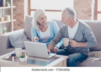 Two Elderly People Are Sitting At Home At The Weekend, Drinking Coffee And Watching Films Using The Computer On The Table, The Woman Is Pointing On The Monitor