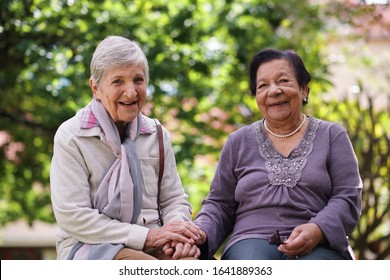 Two elderly women sitting on bench in park holding hands smiling happy life long friends enjoying retirement