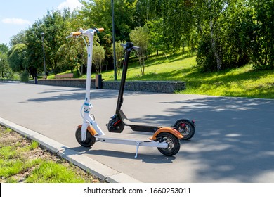Two electric scooters, white and black, stand on the bandwagon on the street. Sunny summer day. Modern city transport. City park with trees. - Shutterstock ID 1660253011