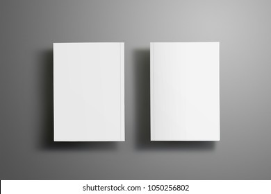 Two elegant blank closed A4, (A5) brochures with soft realistic shadows isolated on gray background. One of the brochures is turned. Template can be used for your showcase. 