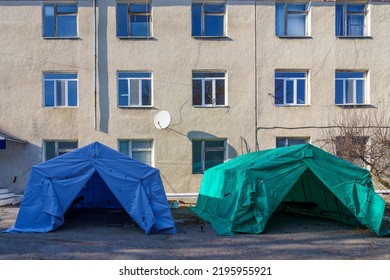 Two Emergency Field Hospital Medical Tents. Background With Selective Focus And Copy Space For Text