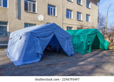 Two Emergency Field Hospital Medical Tents. Background With Selective Focus And Copy Space For Text