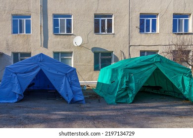 Two Emergency Field Hospital Medical Tents. Background With Selective Focus And Copy Space For Text