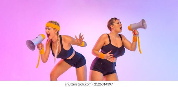 Two Emotional Women in Sportswear Screaming Using Megaphone. Social issues, protest concept. A girls speaks into a speaker about an upcoming promotion and discounts in fitness store