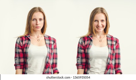 Two emotionally opposite female portraits. First face sad and serious. Second portrait is joyful and cheerful. Woman standing on light background.