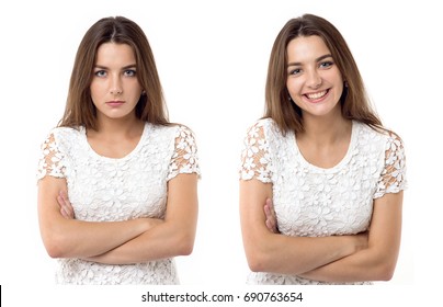 Two emotionally opposite female portraits. The first sad and serious face. The second portrait is joyful and cheerful. Woman standing on white background.