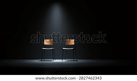 Two empty chairs are positioned facing each other in a dark room, with a single spotlight illuminating them from above.