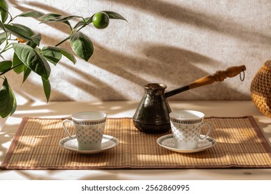 Two empty coffee cups and cezve on the table in the patio lit by morning sun. Tangerine tree branches with fruits.