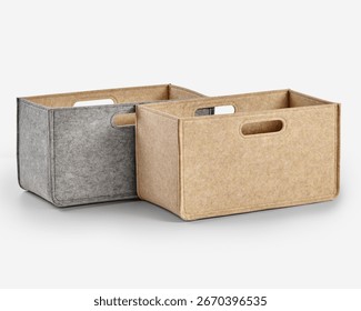 Two empty felt storage boxes with handles for organizing clutter