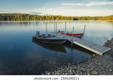 Two empty fishing boats wait at a dock as the early morning sun rises. - Powered by Shutterstock