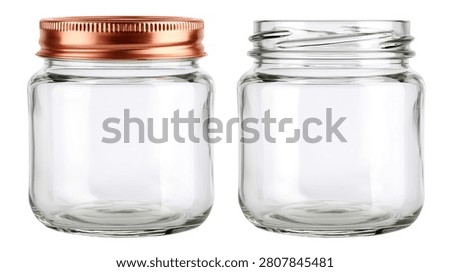 Two empty glass jars with one copper metal lid and one open glass jar