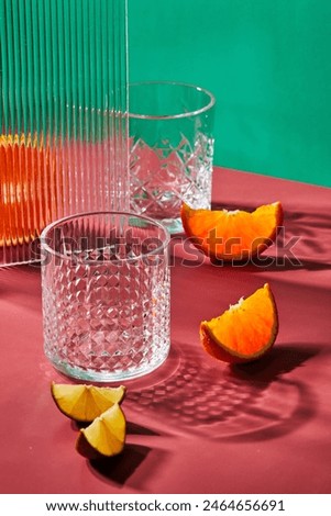 Two empty glasses and oranges on colored backgrounds with shadows from sunlight