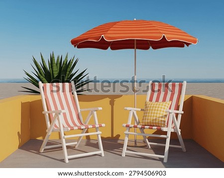 Two empty striped beach chairs are positioned on a patio overlooking a sandy beach and ocean under a bright orange umbrella with a potted plant nearby The scene depicts a serene coastal vacation setting with clear blue skies