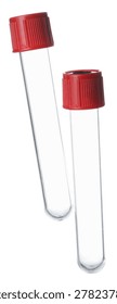 Two empty test tubes with caps isolated on white. Laboratory glassware