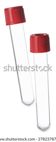 Two empty test tubes with caps isolated on white. Laboratory glassware