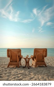 Two empty wicker chairs and a small table sit on a sandy beach, facing the calm ocean and a cloudy sky.