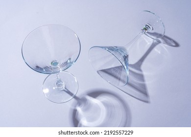 Two Empty Wine Glass On Gray Background Top View Copy Space