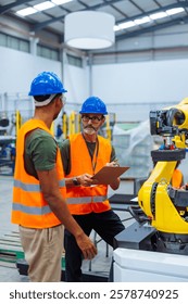 Two engineers analyzing the performance of a robotic arm in a factory, discussing procedures and taking notes