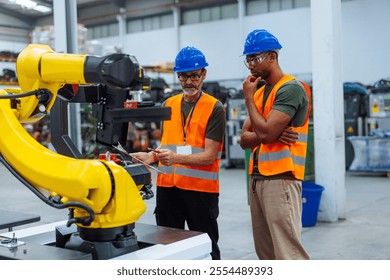 Two engineers analyzing a robotic arm in a factory setting, discussing its performance and potential improvements - Powered by Shutterstock