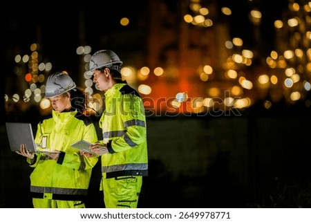 Two engineers collaborate on a night shift using a laptop and tablet at a plant A concept for the Fourth Industrial Revolution predictive maintenance and the Industrial Internet of Things