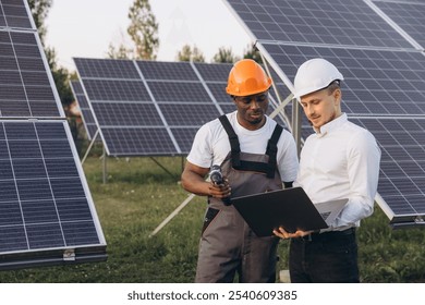 Two engineers collaborate onsite amidst a solar panel array, evaluating data on a laptop. They wear safety helmets, emphasizing renewable energy solutions and teamwork in the green energy sector. - Powered by Shutterstock